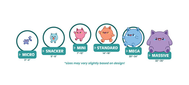 Squish sizing chart: Micro 3-4in, Snacker 5-8in, Mini 7-12in, standard 14-18 in, mega 20-24 in, massive 32-35 in. 